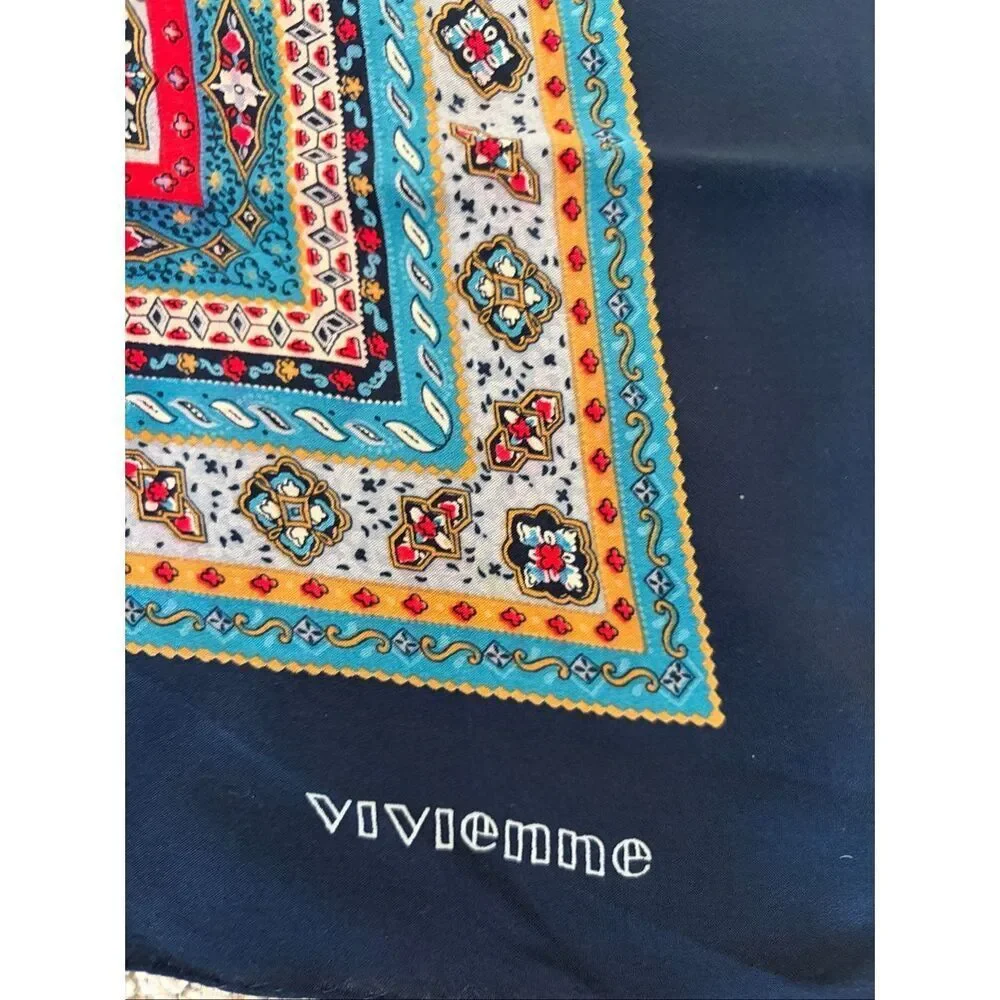 Vintage Vivienne Scenic Silk-Feel Scarf 34” x 34” Blue Cityscape Print Square - Picture 2 of 10